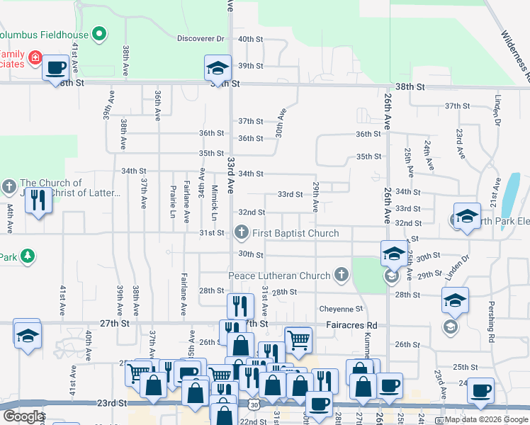 map of restaurants, bars, coffee shops, grocery stores, and more near 3200 31st Avenue in Columbus