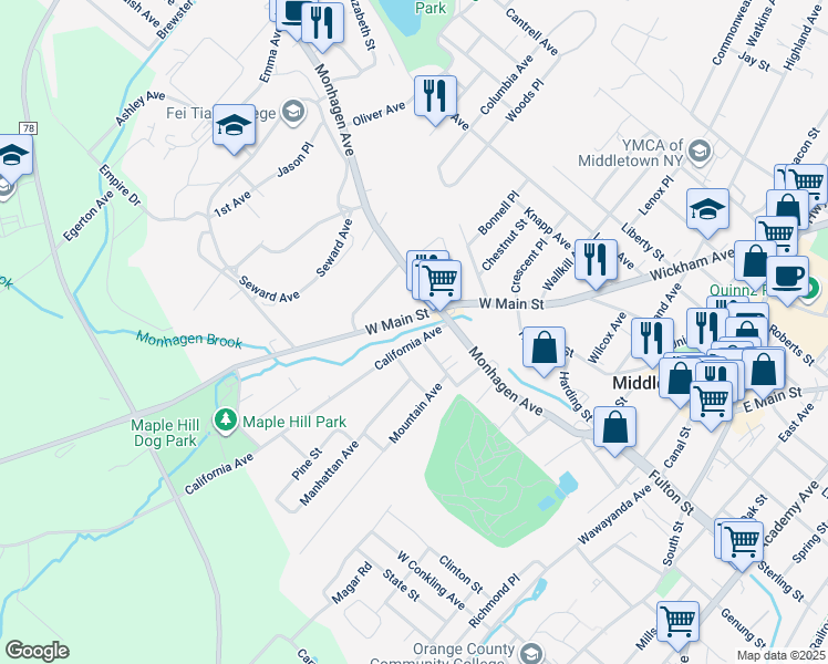 map of restaurants, bars, coffee shops, grocery stores, and more near 193 West Main Street in Middletown