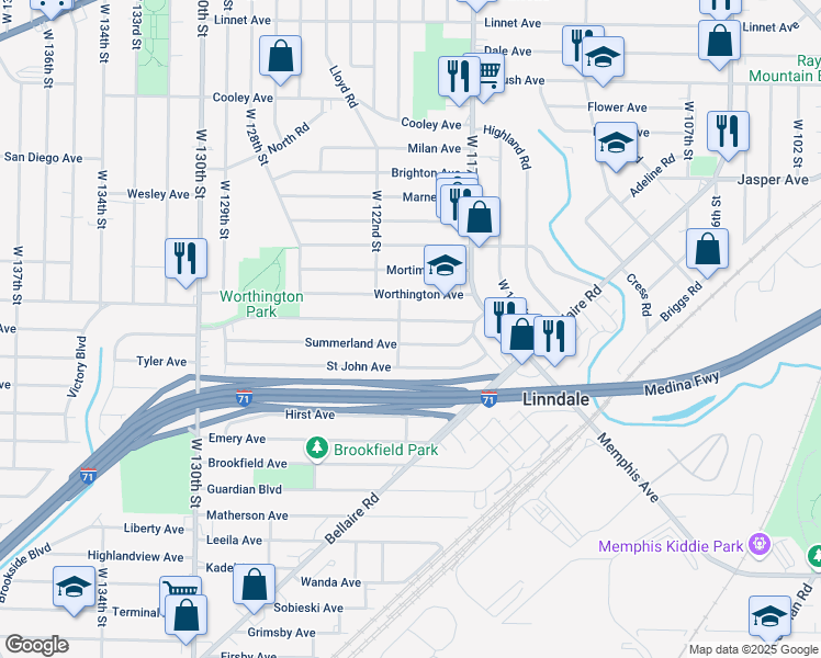 map of restaurants, bars, coffee shops, grocery stores, and more near 11801 Worthington Avenue in Cleveland