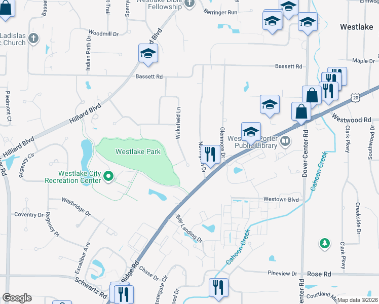 map of restaurants, bars, coffee shops, grocery stores, and more near 2780 Northglen Drive in Westlake