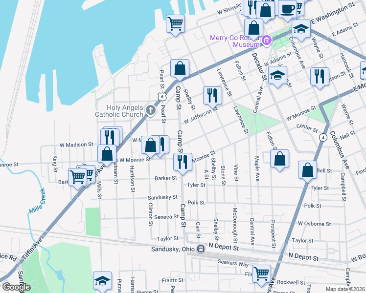 map of restaurants, bars, coffee shops, grocery stores, and more near 540 Camp Street in Sandusky