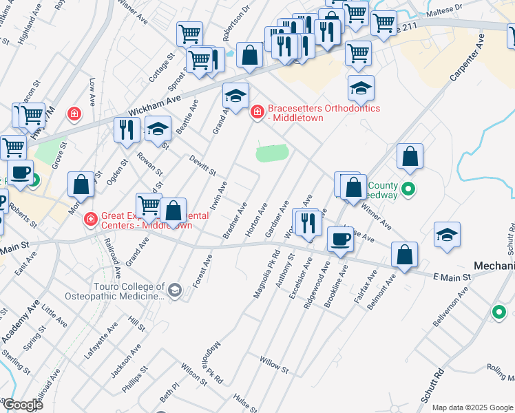 map of restaurants, bars, coffee shops, grocery stores, and more near 29 Bradner Avenue in Middletown