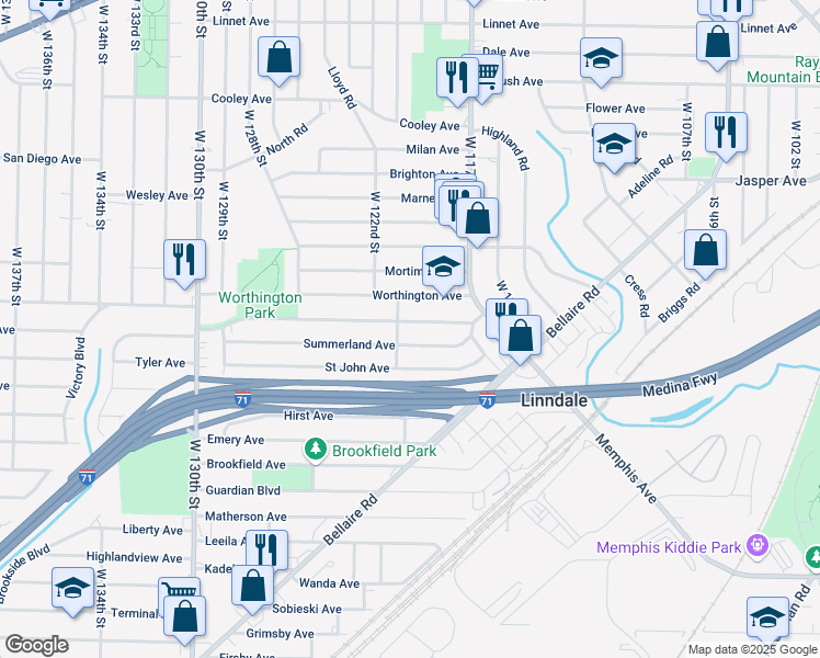 map of restaurants, bars, coffee shops, grocery stores, and more near 11801 Worthington Avenue in Cleveland