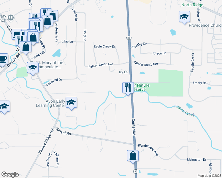 map of restaurants, bars, coffee shops, grocery stores, and more near 2758 Center Road in Avon