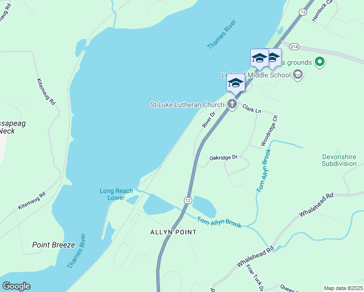 map of restaurants, bars, coffee shops, grocery stores, and more near 9 River Drive in Ledyard