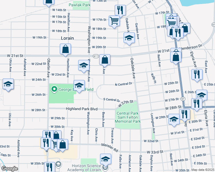 map of restaurants, bars, coffee shops, grocery stores, and more near 863 North Central Drive in Lorain