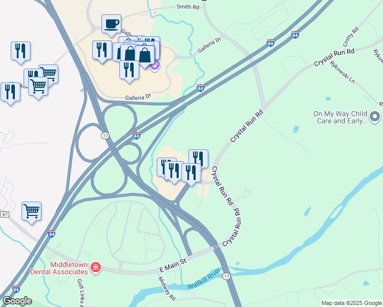 map of restaurants, bars, coffee shops, grocery stores, and more near 55 Crystal Run Road in Middletown