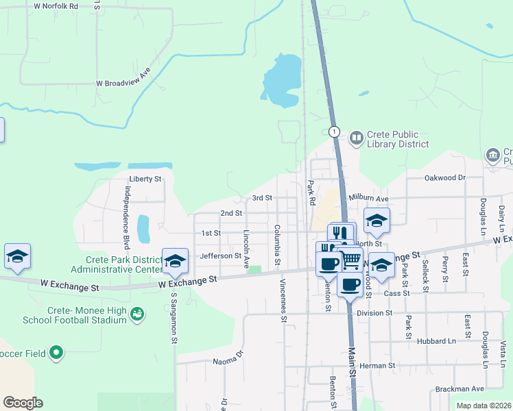 map of restaurants, bars, coffee shops, grocery stores, and more near 617 3rd Street in Crete