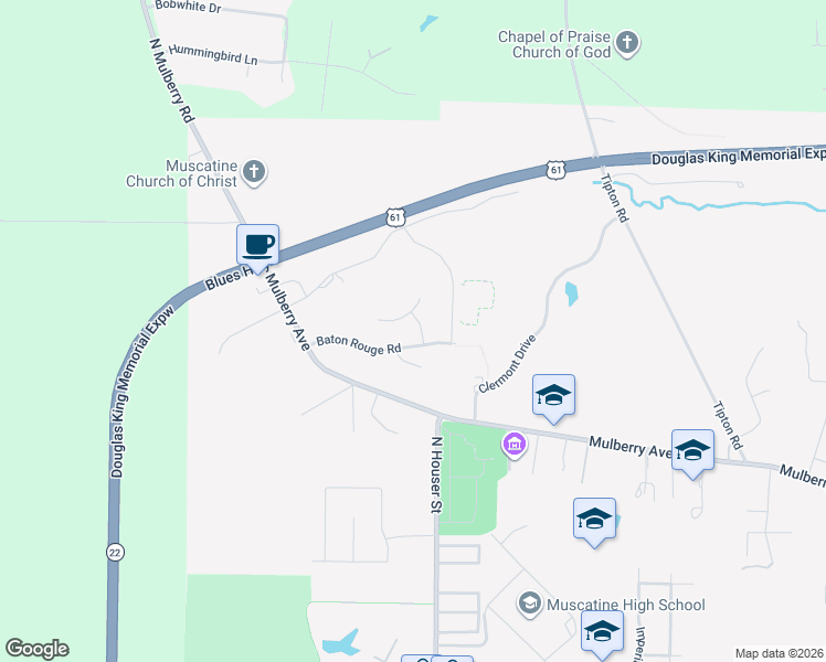 map of restaurants, bars, coffee shops, grocery stores, and more near 3220 Anastasia Place in Muscatine