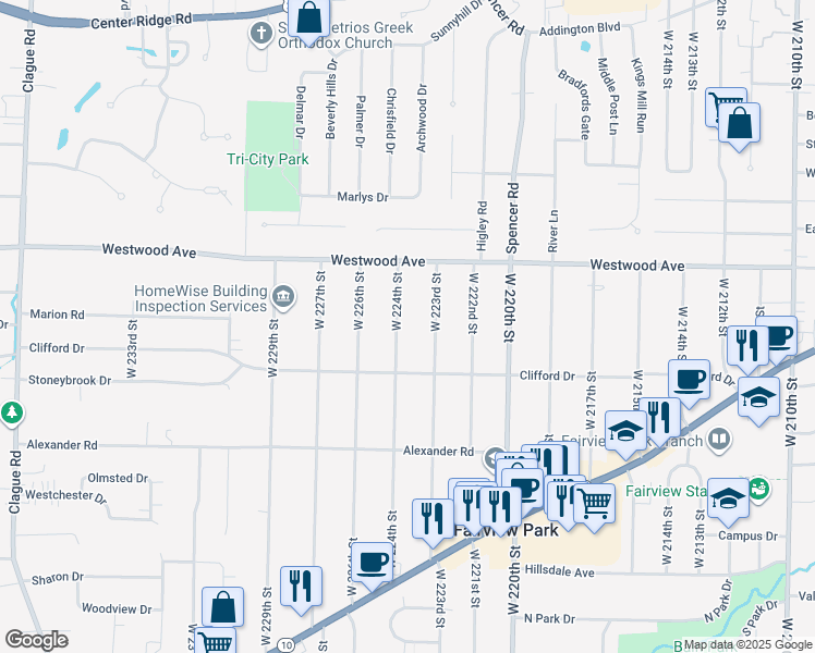 map of restaurants, bars, coffee shops, grocery stores, and more near 3953 West 224th Street in Fairview Park