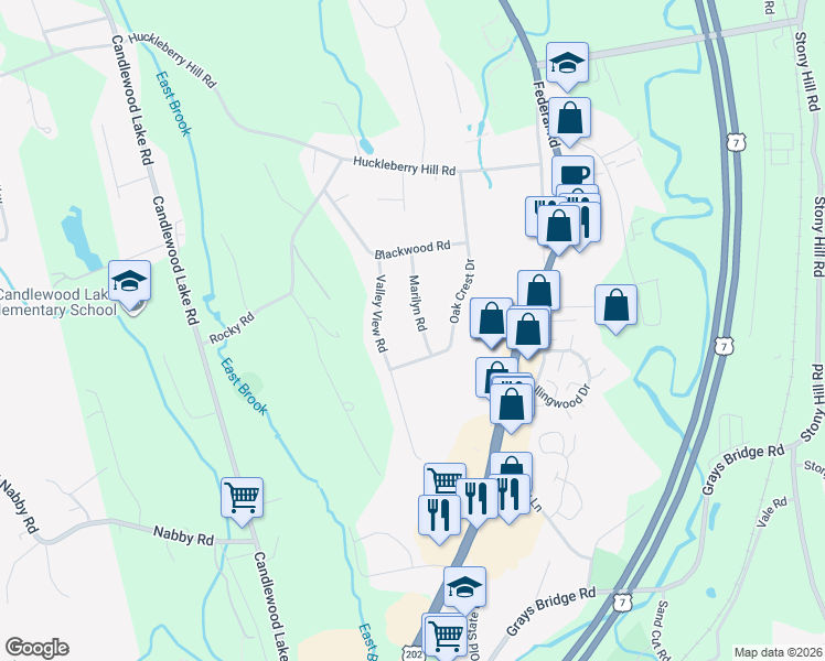 map of restaurants, bars, coffee shops, grocery stores, and more near 5 Valley View Road in Brookfield