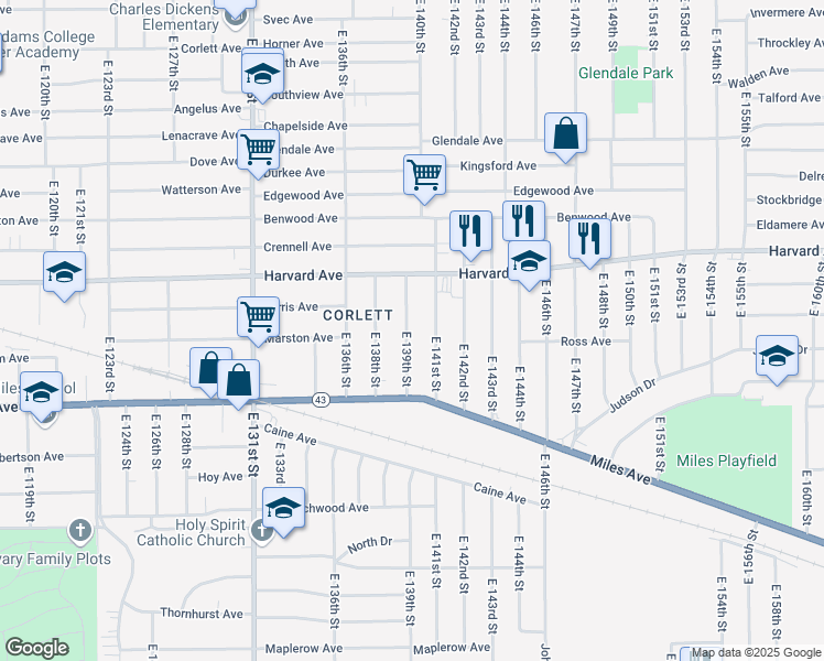 map of restaurants, bars, coffee shops, grocery stores, and more near 4105 East 139th Street in Cleveland