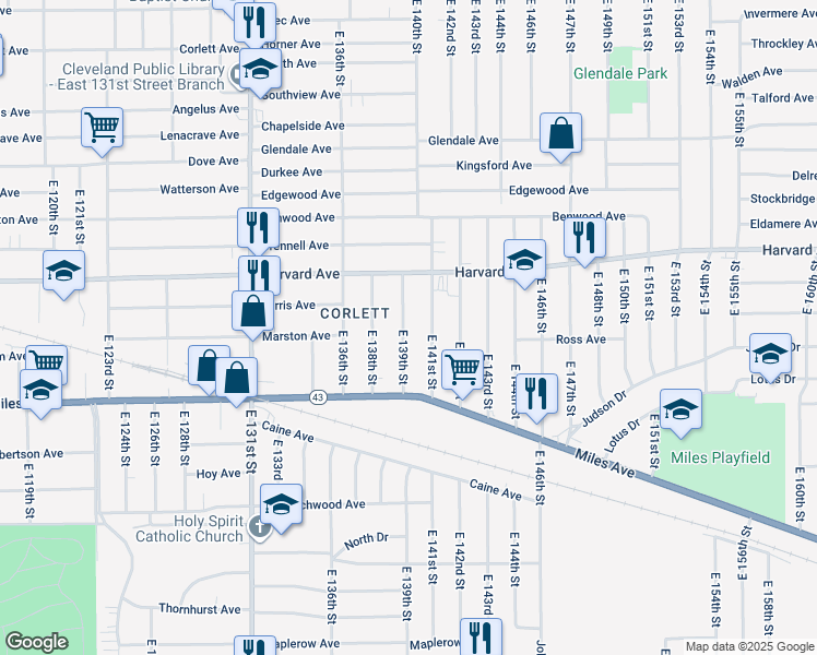 map of restaurants, bars, coffee shops, grocery stores, and more near 4105 East 139th Street in Cleveland
