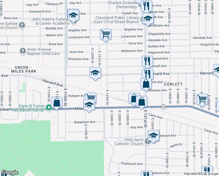 map of restaurants, bars, coffee shops, grocery stores, and more near 4080 East 123rd Street in Cleveland