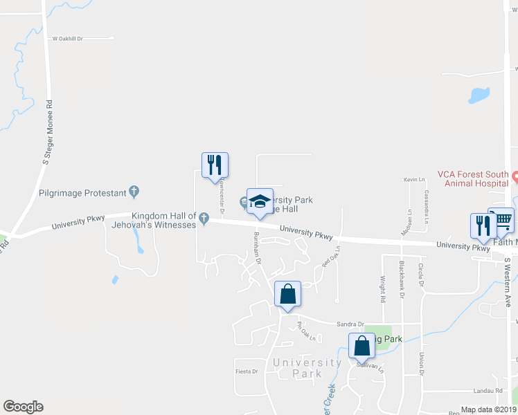 map of restaurants, bars, coffee shops, grocery stores, and more near 698 Burnham Drive in University Park