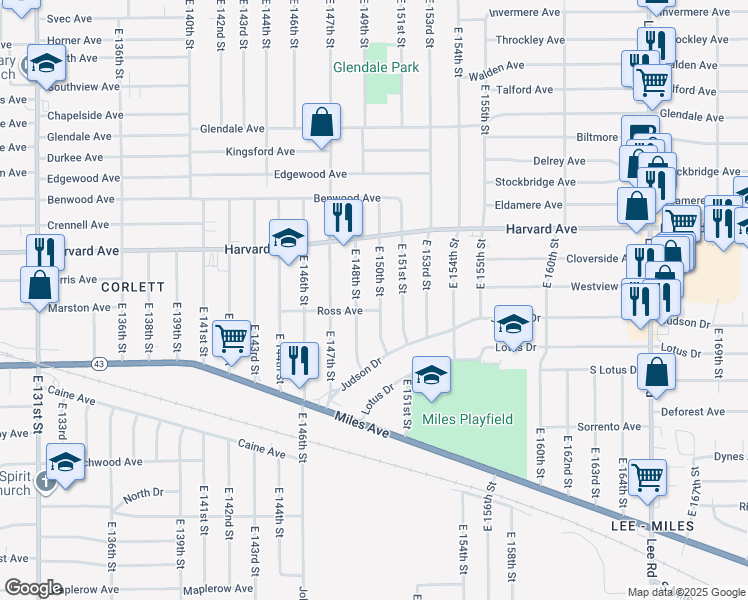 map of restaurants, bars, coffee shops, grocery stores, and more near 4106 East 151st Street in Cleveland