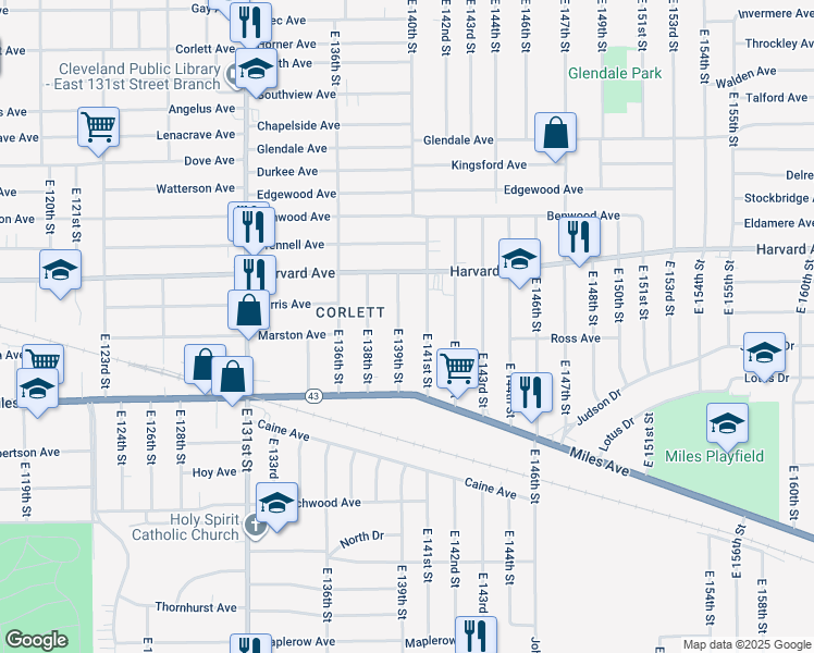 map of restaurants, bars, coffee shops, grocery stores, and more near 4085 East 139th Street in Cleveland