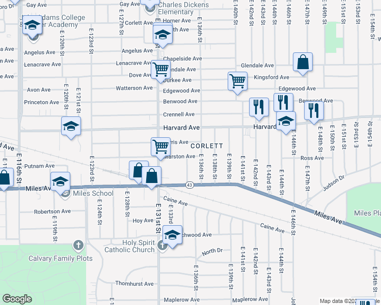 map of restaurants, bars, coffee shops, grocery stores, and more near 4086 East 136th Street in Cleveland