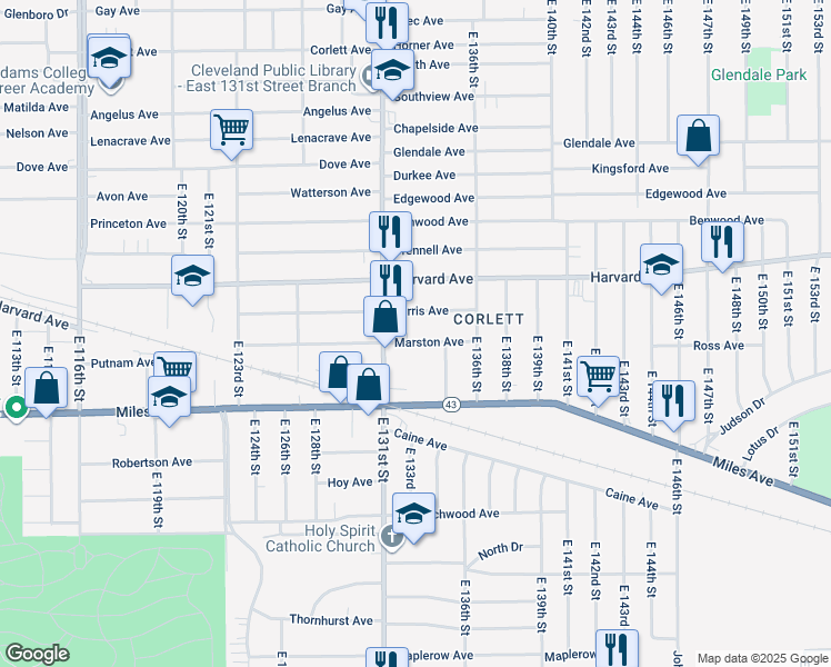 map of restaurants, bars, coffee shops, grocery stores, and more near 13310 Ferris Avenue in Cleveland