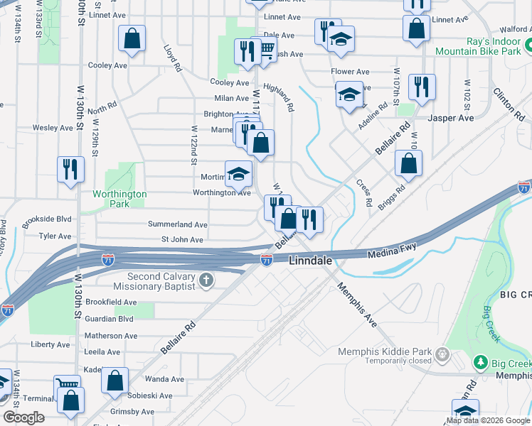 map of restaurants, bars, coffee shops, grocery stores, and more near 3889 West 117th Street in Cleveland