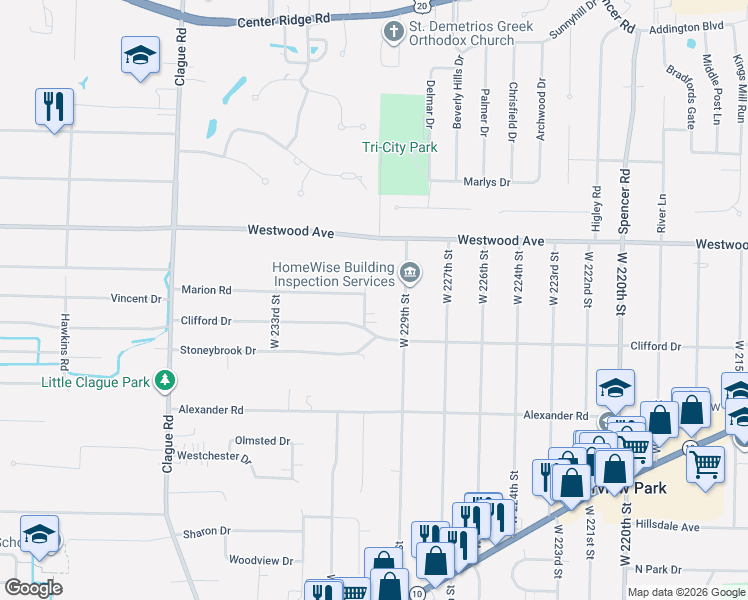map of restaurants, bars, coffee shops, grocery stores, and more near 2741 West 230th Street in North Olmsted
