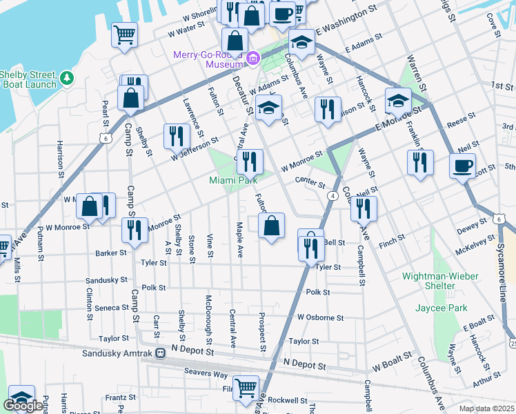 map of restaurants, bars, coffee shops, grocery stores, and more near 803 Fulton Street in Sandusky