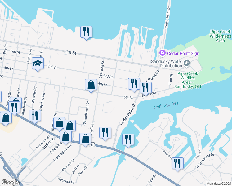 map of restaurants, bars, coffee shops, grocery stores, and more near 1922 4th Street in Sandusky