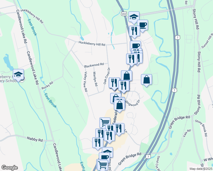 map of restaurants, bars, coffee shops, grocery stores, and more near 21 Oak Crest Drive in Brookfield