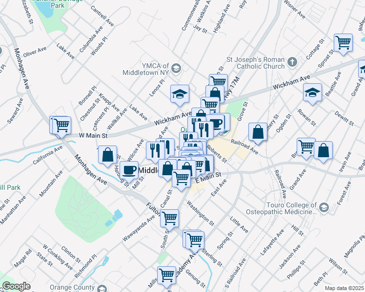 map of restaurants, bars, coffee shops, grocery stores, and more near 14 Union Street in Middletown