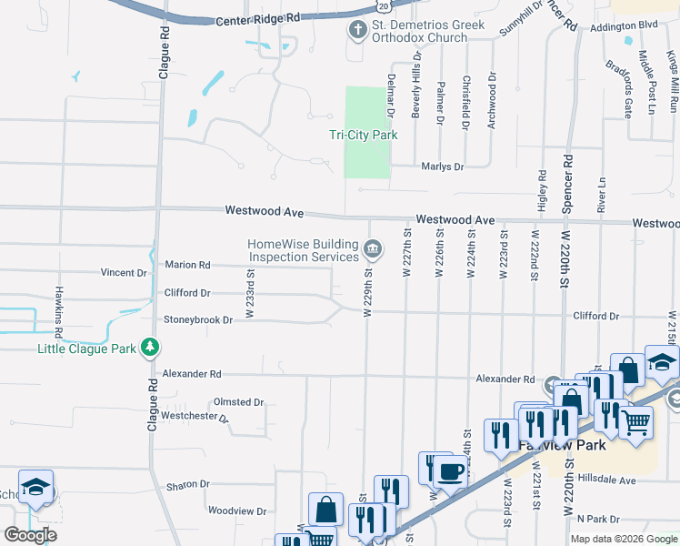 map of restaurants, bars, coffee shops, grocery stores, and more near 2741 West 230th Street in North Olmsted