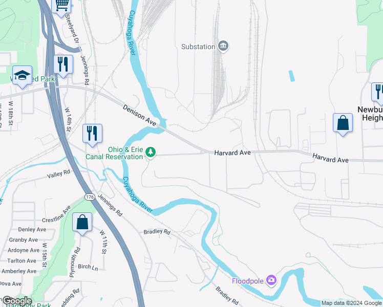 map of restaurants, bars, coffee shops, grocery stores, and more near 1421 Harvard Avenue in Cleveland