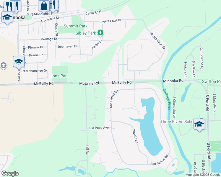 map of restaurants, bars, coffee shops, grocery stores, and more near 111 San Carlos Road in Minooka