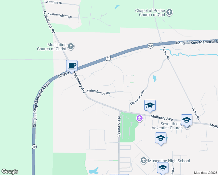 map of restaurants, bars, coffee shops, grocery stores, and more near 3317 Anastasia Pl in Muscatine