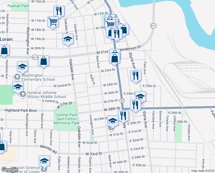 map of restaurants, bars, coffee shops, grocery stores, and more near 202 West 25th Street in Lorain