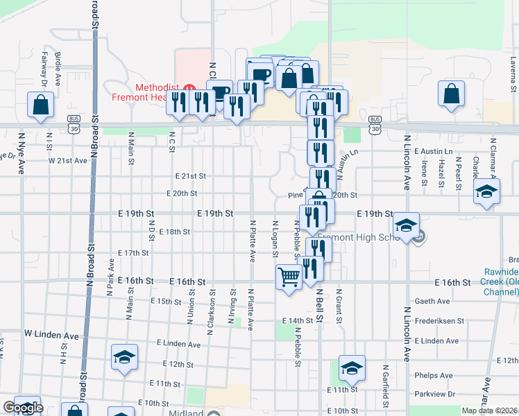 map of restaurants, bars, coffee shops, grocery stores, and more near 1940 North Platte Avenue in Fremont