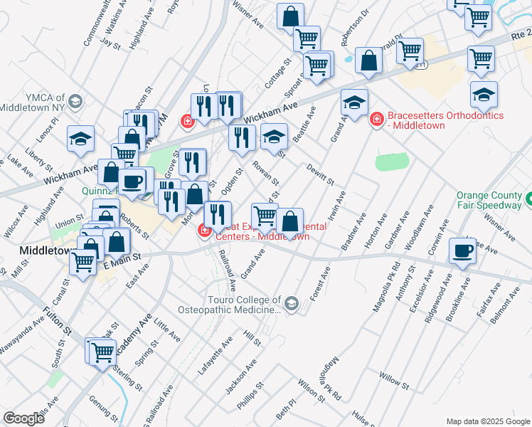 map of restaurants, bars, coffee shops, grocery stores, and more near 22 Broad Street in Middletown
