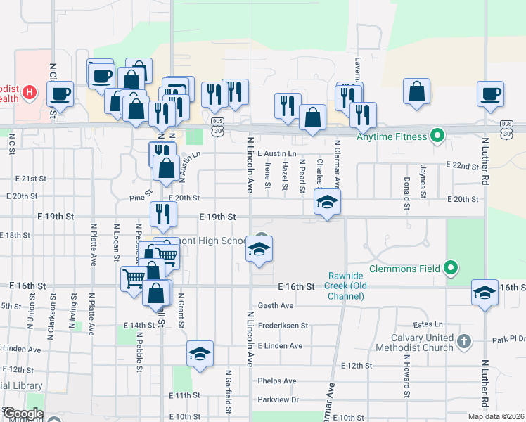 map of restaurants, bars, coffee shops, grocery stores, and more near 1633 East 20th Street in Fremont