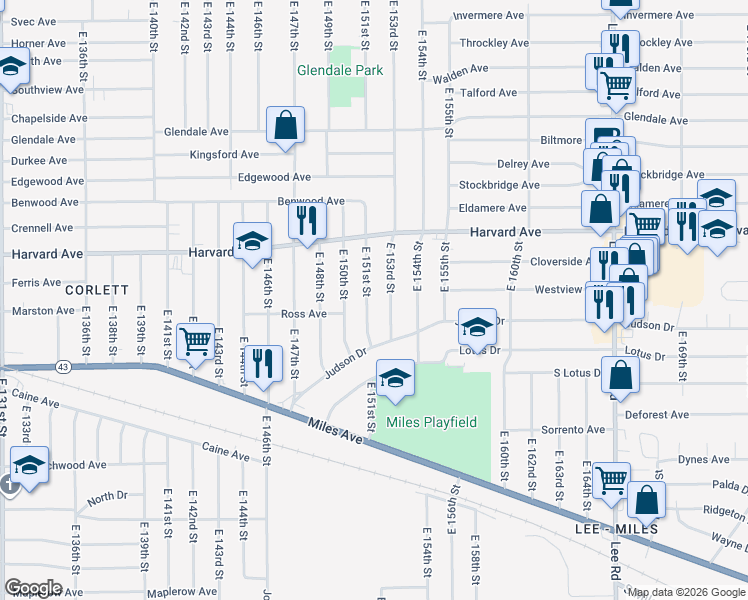 map of restaurants, bars, coffee shops, grocery stores, and more near 4106 East 153rd Street in Cleveland
