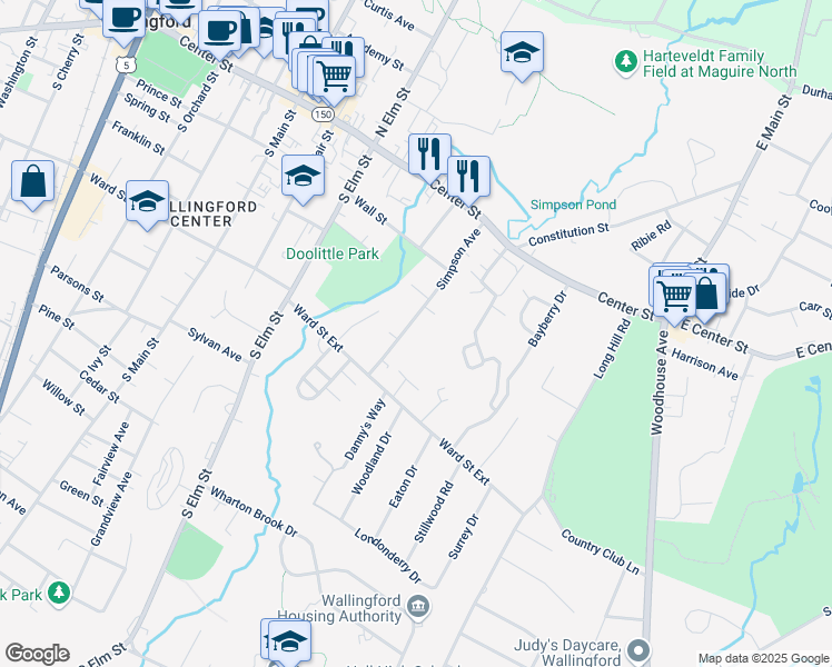 map of restaurants, bars, coffee shops, grocery stores, and more near 80 Simpson Avenue in Wallingford