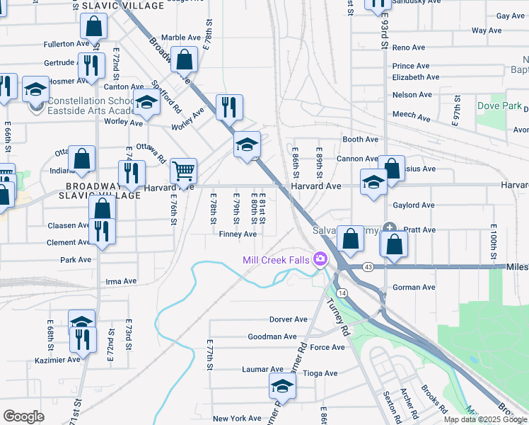 map of restaurants, bars, coffee shops, grocery stores, and more near 4077 East 81st Street in Cleveland