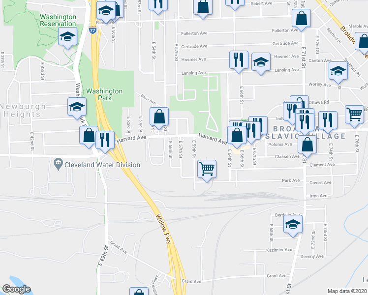 map of restaurants, bars, coffee shops, grocery stores, and more near 4063 East 57th Street in Cleveland