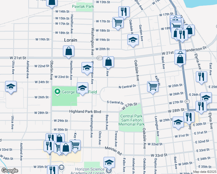map of restaurants, bars, coffee shops, grocery stores, and more near 908 North Central Drive in Lorain