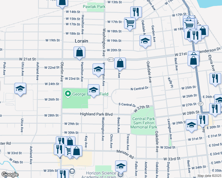 map of restaurants, bars, coffee shops, grocery stores, and more near 908 North Central Drive in Lorain