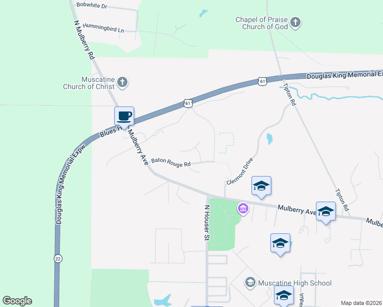 map of restaurants, bars, coffee shops, grocery stores, and more near 3220 Anastasia Place in Muscatine