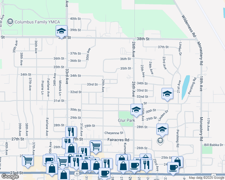 map of restaurants, bars, coffee shops, grocery stores, and more near 33rd Street in Columbus