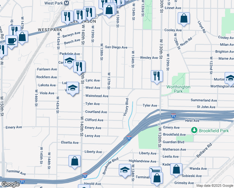 map of restaurants, bars, coffee shops, grocery stores, and more near 13605 West Avenue in Cleveland