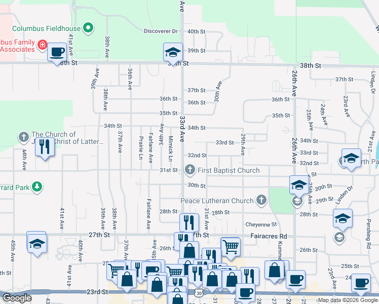 map of restaurants, bars, coffee shops, grocery stores, and more near 3235 33rd Avenue in Columbus