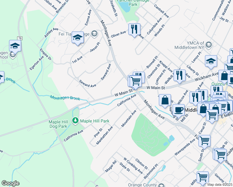 map of restaurants, bars, coffee shops, grocery stores, and more near 205 West Main Street in Middletown