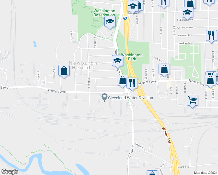 map of restaurants, bars, coffee shops, grocery stores, and more near 4524 Pearse Ave in Cleveland