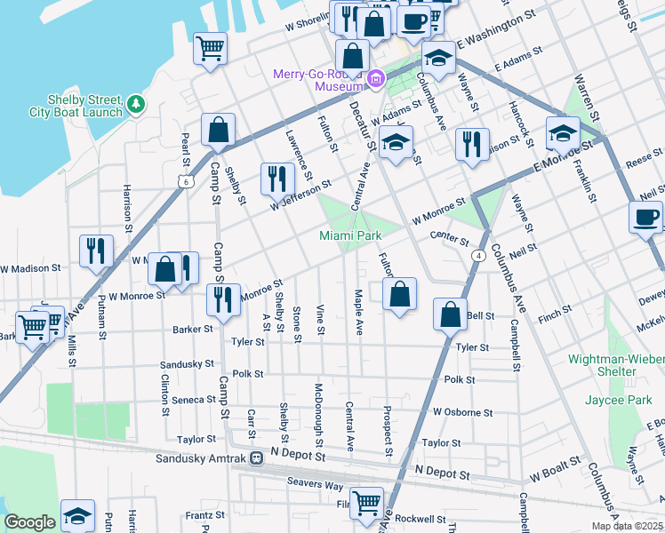 map of restaurants, bars, coffee shops, grocery stores, and more near 910 West Monroe Street in Sandusky